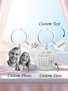 1pc Custom Photo Calendar Keychain, Personalized Stainless Steel Engraved Date Keychain, Memorial Gift For Couples, Mom And Dad - White Calendar + White Photo - View 2