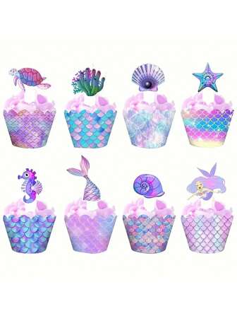1set 16/32/48pcs Mermaid Cake Edge Picks, Dessert Table Decor Baking Cake Border Toppers