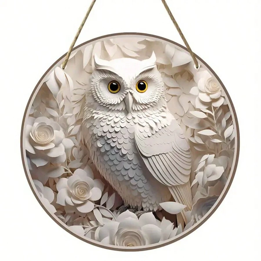 1入組貓頭鷹形木質掛飾牌，適用於門前裝飾和家居裝飾