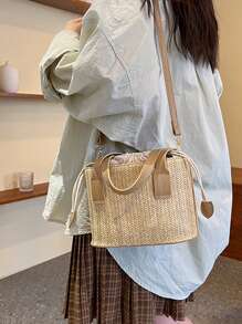 Yogodlns Słomiana torba na ramię dla kobiet moda artystyczna mała dziergana letnia torebka i torebka damska na co dzień wakacyjne torby plażowe typu Bucket - Kolor khaki - Zobacz 7