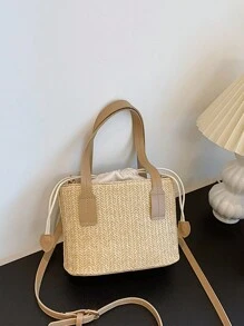 Yogodlns Słomiana torba na ramię dla kobiet moda artystyczna mała dziergana letnia torebka i torebka damska na co dzień wakacyjne torby plażowe typu Bucket - Kolor khaki - Zobacz 4
