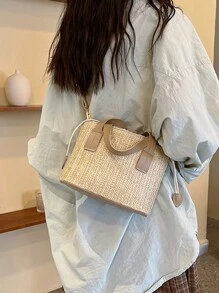 Yogodlns Słomiana torba na ramię dla kobiet moda artystyczna mała dziergana letnia torebka i torebka damska na co dzień wakacyjne torby plażowe typu Bucket - Kolor khaki - Zobacz 6