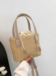 Yogodlns Słomiana torba na ramię dla kobiet moda artystyczna mała dziergana letnia torebka i torebka damska na co dzień wakacyjne torby plażowe typu Bucket - Kolor khaki - Zobacz 2