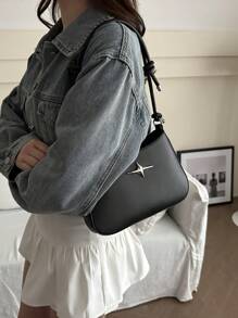 时尚简约风格女士单肩包、腋下包、拼色黑白斜挎包 - 黑色 - 查看 3