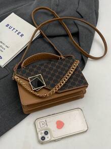 Fashionable Vintage Floral Chain Shoulder Bag For Middle-Aged Women With Colorblock Metallic Decoration, PU Material, Hand-Held/ Crossbody/ Buckle Closure, Versatile For Women Daily Commute