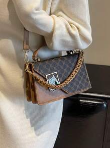 Fashionable Vintage Floral Chain Shoulder Bag For Middle-Aged Women With Colorblock Metallic Decoration, PU Material, Hand-Held/ Crossbody/ Buckle Closure, Versatile For Women Daily Commute