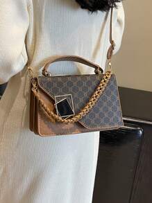 Fashionable Vintage Floral Chain Shoulder Bag For Middle-Aged Women With Colorblock Metallic Decoration, PU Material, Hand-Held/ Crossbody/ Buckle Closure, Versatile For Women Daily Commute