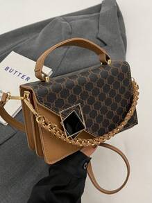 Fashionable Vintage Floral Chain Shoulder Bag For Middle-Aged Women With Colorblock Metallic Decoration, PU Material, Hand-Held/ Crossbody/ Buckle Closure, Versatile For Women Daily Commute