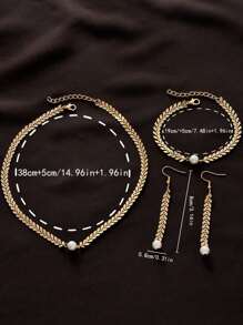 1只耳環+1個手鐲+1條項鍊，時尚簡約的歐美風格，金色幾何魚骨鏈，珍珠裝飾，女士珠寶套裝適合日常穿著