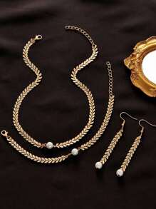 1只耳環+1個手鐲+1條項鍊，時尚簡約的歐美風格，金色幾何魚骨鏈，珍珠裝飾，女士珠寶套裝適合日常穿著