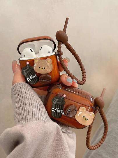 1pc 3D Coffee Cup & Cartoon Bear Wireless Earphone Case Compatible With Apple 2/3/Pro/Pro 2nd Gen, Protective Cover New 4 Design
