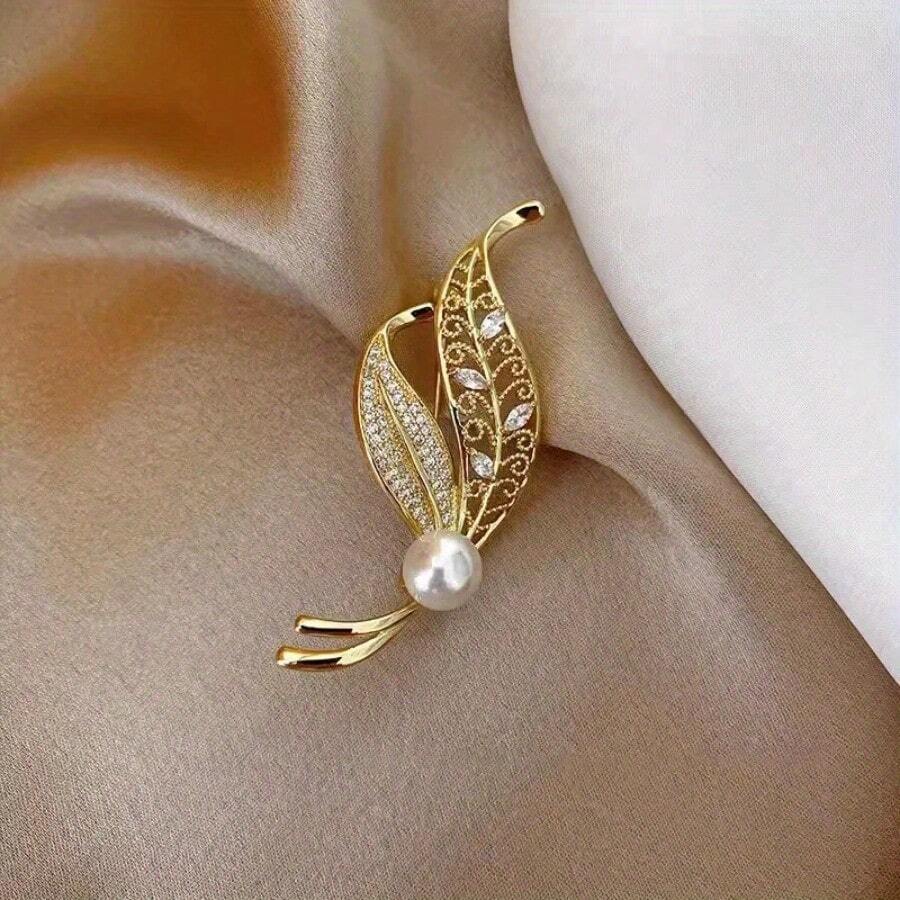 Trâm cài áo lá ngọc trai, phụ kiện trang sức thanh lịch, ghim pha lê tinh xảo, huy hiệu quần áo sáng tạo tinh tế dành cho quý cô - Vàng - Xem 1