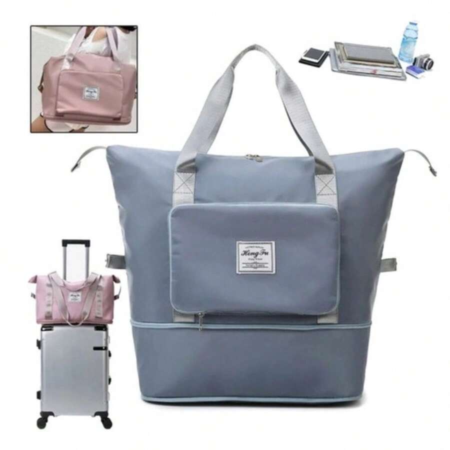 大容量可折叠旅行包 便携式可折叠轻便防水牛津布干湿分离运动包 女士。适用于旅行收纳袋、化妆包、化妆包、度假收纳包、大容量化妆品收纳盒化妆盒，适用于口红、刷子、护肤品、手机、硬币、小物品，适用于家庭、礼物、度假和节日万圣节圣诞节多功能用途 - 藍色 - 查看 1