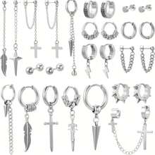 Hip-Hop Stainless Steel Earring Set - Unisex 27 Pieces Set, Includes Hoops, Studs And Pendants, Suitable For Men, Women, And Couples
