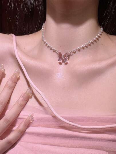 CVNANA 1 pieza Collar femenino de mariposa de perlas falsas dulce y elegante de estilo coreano con cristales, elegante y versátil cadena para la clavícula