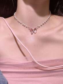 CVNANA 1 pieza Collar femenino de mariposa de perlas falsas dulce y elegante de estilo coreano con cristales, elegante y versátil cadena para la clavícula - Rosa - Ver 3