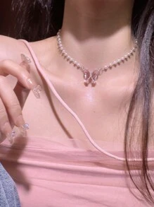 CVNANA 1 pieza Collar femenino de mariposa de perlas falsas dulce y elegante de estilo coreano con cristales, elegante y versátil cadena para la clavícula - Rosa - Ver 6