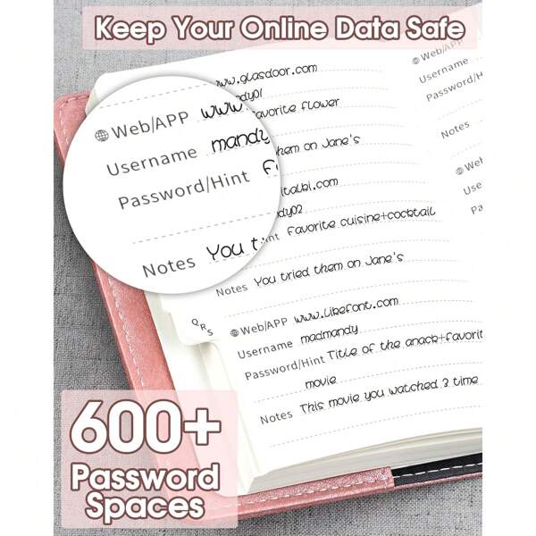 Carnet de mots de passe avec verrou, carnet de mots de passe avec onglets alphabétiques, plus de 600 espaces de mots de passe, organisateur de mots de passe, journal de bord avec verrou, stockage de mots de passe pour les connexions à l'ordinateur et au site Web,