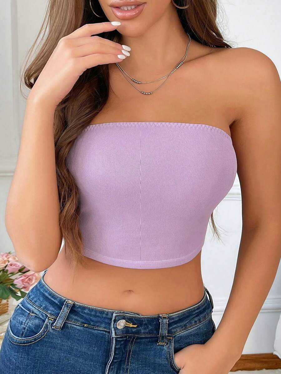 Top de tubo acanalado para mujer, sin tirantes, con relleno de sujetador incorporado - Morado - Ver 1