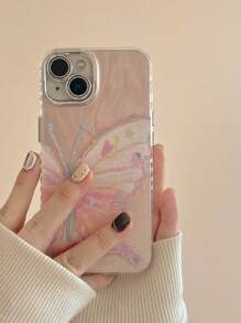 INS粉色蝴蝶油畫手機殼，內置鏡頭保護器，防摔全覆蓋矽膠殼，適用於iPhone 14、15 Pro、13 Pro Max、12、11及其他型號 - 粉色 - 查看 5