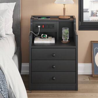 Nightstand With Charging Station And Storage Drawers, End Table Side Table Bedroom
