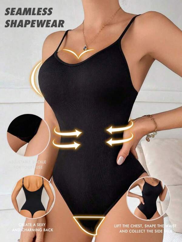 Sports Outdoor 1pc Black Seamless Bodysuit Shapewear, With Removable Shoulder Straps, Tummy Control, Butt Lifting, Thong Bottom, Bikini Style, Spaghetti Straps, Firm Compression, Sports, Body Shaping Gym Accessories