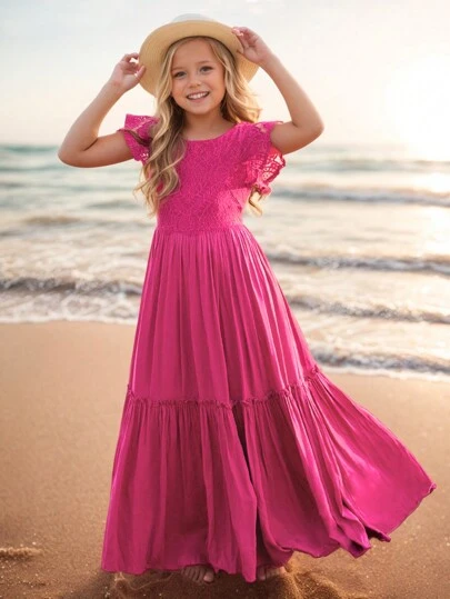 Tween Girl's Solid Color Lace Patchwork Dress With Ruffle Trim