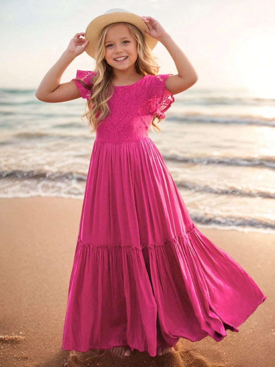 Tween Girl's Solid Color Lace Patchwork Dress With Ruffle Trim - Màu Hồng Tươi - Xem 1