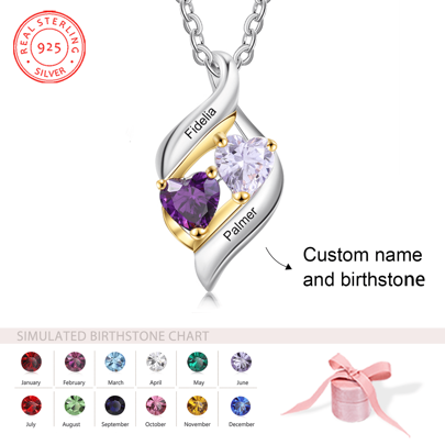 S925 Persönliche Anpassung Silber Liebe Halskette mit individueller Gravur, süße Halskette Schmuck Geschenk für Valentinstag und Geburtstag, Zwei Birthstones Muttertaggeschenk