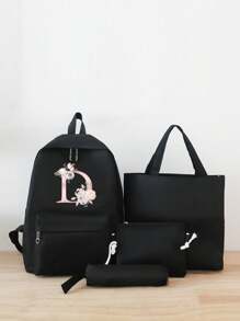 4 件套字母印花女式休闲背包套装，时尚背包，大容量单肩包，便携铅笔袋，零钱包，旅行背包，适合大学生、少女、大一、大二、初中和高中生、大学和高中生，非常适合户外、旅行和返校，返校用品