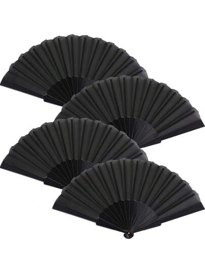 1/2/4件装手持折叠扇，中式布艺扇，适用于舞蹈、派对、婚礼礼物、DIY装饰、家居装饰（黑色）