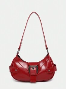 1pc Women Vintage Milanoo Y2K Biker Punk Style Pin Buckle Decorated Simulated Wax Cracked Dual-Toned Leather Armpit Bag Suitable For Street Dating Parties. - Burgundy - View 1