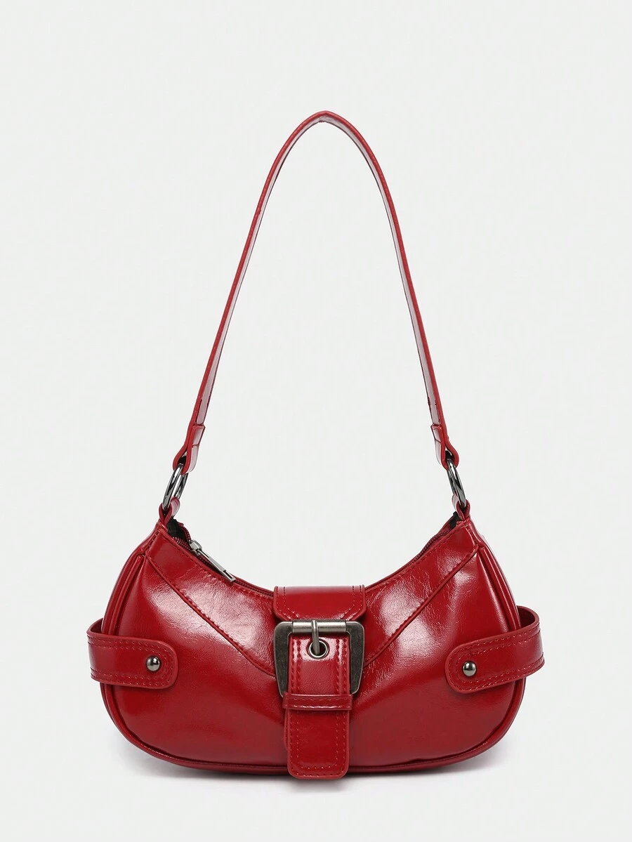 1pc Women Vintage Milanoo Y2K Biker Punk Style Pin Buckle Decorated Simulated Wax Cracked Dual-Toned Leather Armpit Bag Suitable For Street Dating Parties. - Burgundy - View 1