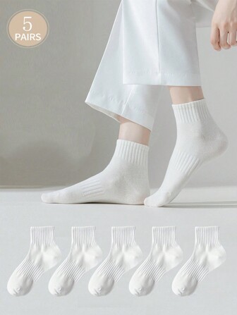 5 pares de calcetines blancos cortos absorbentes y transpirables para mujeres con banda elástica, calcetines deportivos simples y casuales para todas las temporadas