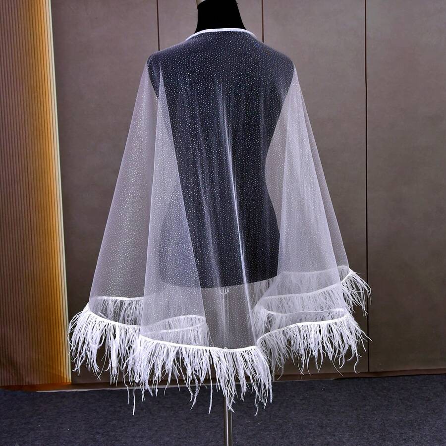 一件奢華的羽毛迷你披肩，閃亮的星空面紗斗篷，婚紗裝飾，女士披肩 - 彩色 - 查看 1