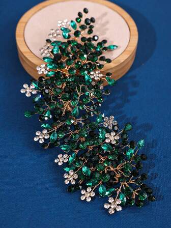 1pc Bridal Green Crystal Rhinestone Hairband Headband, Versatile, European And American Style For Wedding, Evening Party, And Dance Party