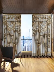 2pcs Digital Print Curtain Pattern, Modern Retro Premium Polyester Fiber Home Decor Rod Pocket Curtains, All Seasons Suitable - Multicolor - View 4