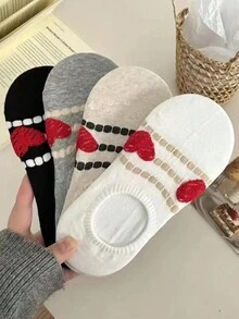 1/4 Pair Women Soft Breathable Red Heart Design Boat Socks, Suitable For Spring/Summer - Multicolor - View 3