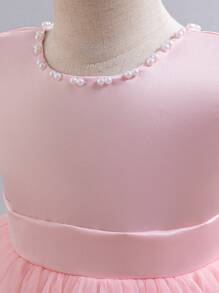 H HIBOBI Vestito da festa per bambina con maniche a cappuccio, inserti in rete, decorazione con strass e fiocco