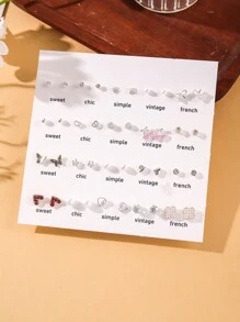 40 Pcs Heart Butterfly Clover Alloy Crystal Inlaid Stud Earrings Set, Fashionable & Personalized For Women, Suitable For Daily Wear Valentines