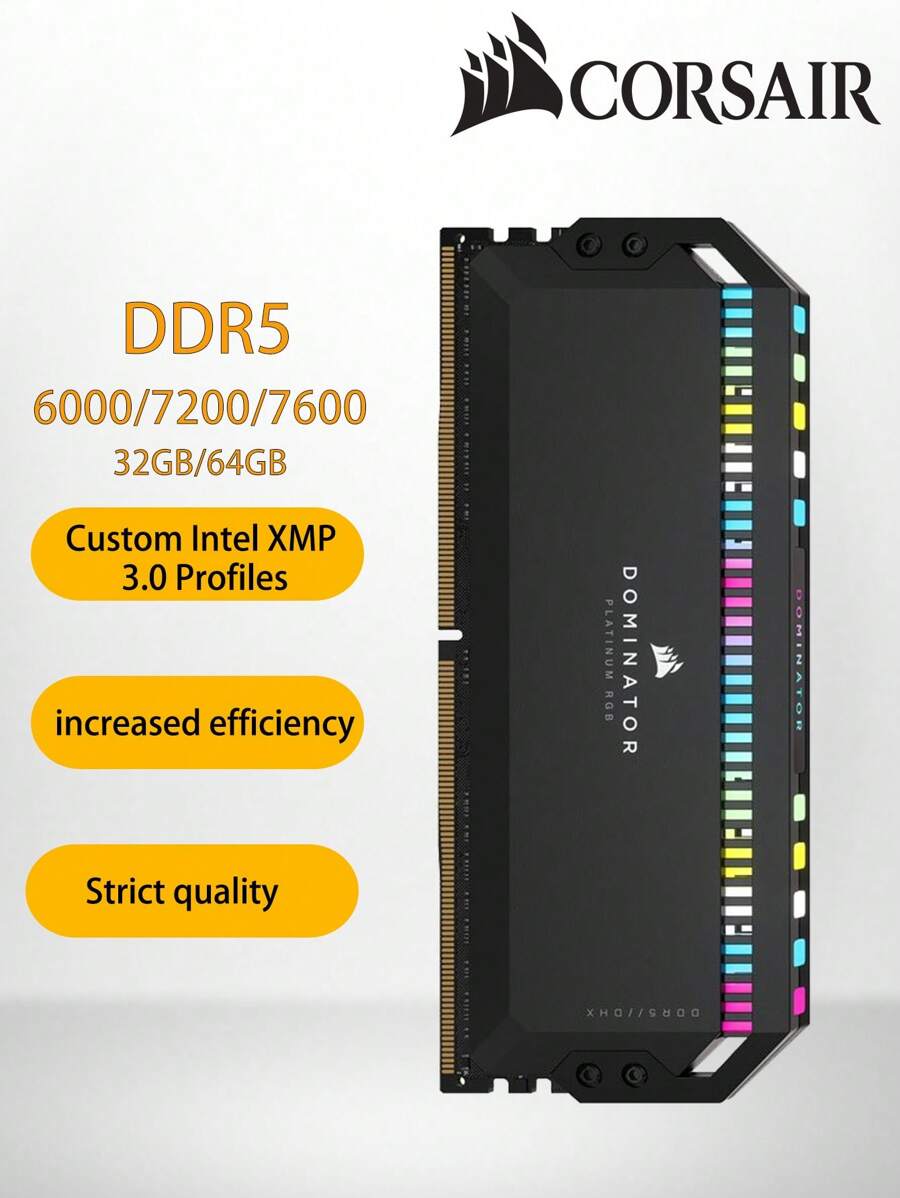 CORSAIR 海盜船統治者頂級白金版RGB DDR5記憶體32GB 64GB 6000 7200 7600MHz英特爾優化桌上型記憶體DHX冷卻XMP 3.0 - 黑色 - 查看 1