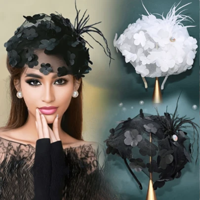 1 件女士黑/白透明花朵羽毛复古法式半帽发带，适合各种宴会服装，多功能发饰，发带，发箍头带