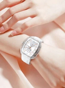 1 pieza Reloj de cuarzo versátil de moda simple para mujer de la marca Rebirth, con correa de silicona, adecuado para uso diario y decoración - Blanco - Ver 5
