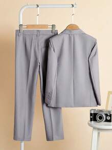 SOLOCOTE Tween Boy Solid Color Contrast Lapel Single-Breasted Long Sleeve Suit Jacket And Pants Set - Light Grey - View 2