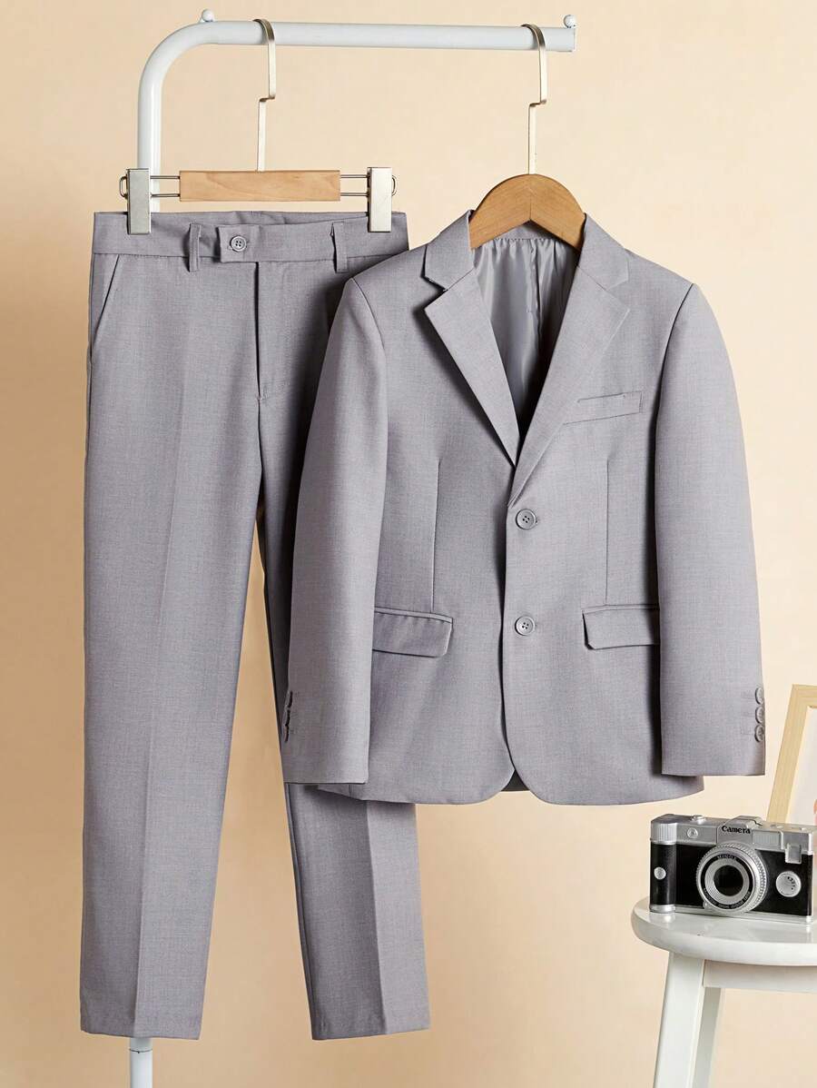 SOLOCOTE Tween Boy Solid Color Contrast Lapel Single-Breasted Long Sleeve Suit Jacket And Pants Set - Light Grey - View 1