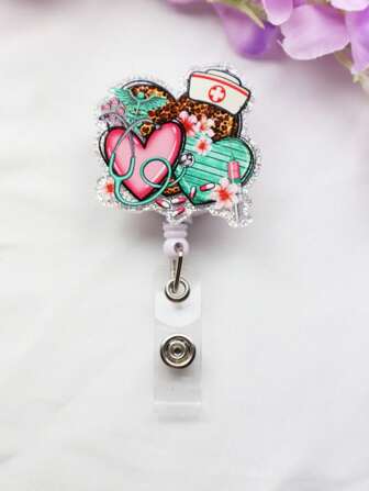 1 件装粉色心形豹纹印花伸缩徽章卷轴，适用于护士和医生工作人员，时尚徽章扣卡夹，适用于医院工作人员徽章夹