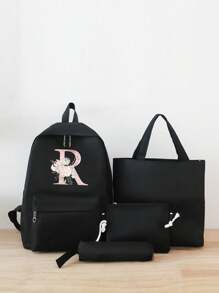 4 件套字母印花女式休闲背包套装，时尚背包，大容量单肩包，便携铅笔袋，零钱包，旅行背包，适合大学生、少女、大一、大二、初中和高中生、大学和高中生，非常适合户外、旅行和返校，返校用品