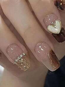 24pcs Ballet-Style Gittering Gold Dusting & Elegant Simple Heart-Shaped Diamond Inlay False Nails, Exquisite And Wearable Daily Nail Verneer Decor - Coffee Brown - View 8