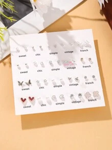 40 Pcs Heart Butterfly Clover Alloy Crystal Inlaid Stud Earrings Set, Fashionable & Personalized For Women, Suitable For Daily Wear Valentines