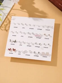 40 Pcs Heart Butterfly Clover Alloy Crystal Inlaid Stud Earrings Set, Fashionable & Personalized For Women, Suitable For Daily Wear Valentines